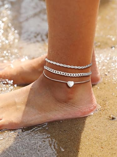 U7 2Pcs/3Pcs Ankle Bracelets for Women, Stainless Steel Cuban Link/Figaro/Rope/Heart Chain Anklets Sets,Waterproof Layered Anklets Adjustable 8.5"-10.5" - color: 04. 3Pcs Style B-Stainless Steel