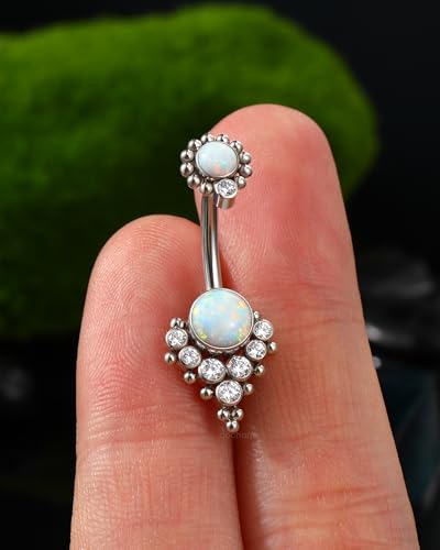 G23 Solid Titanium Belly Button Rings for Women Bezel Cluster 14G Implat-Grade Hypoallergenic Navel Rings Cute 14g Belly Rings - color: D-White Opal-Small Syle