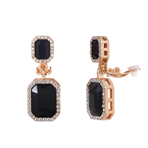 YINLI Austrian Crystal Square Shape Dangle Drop Clip on Earrings for Women - color: Black,Gold