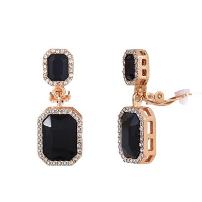 YINLI Austrian Crystal Square Shape Dangle Drop Clip on Earrings for Women - color: Black,Gold