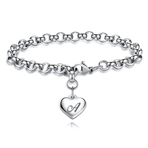 TONY & SANDY Initial Charm Bracelets for Girls Women Stainless Steel A-Z Bracelet Personalized Gifts Birthday Graduation Easter Basket Stocking Stuffers for Teens Girls Women Jewelry - style: A - Heart