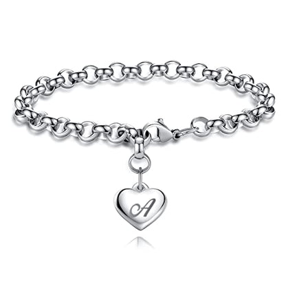 TONY & SANDY Initial Charm Bracelets for Girls Women Stainless Steel A-Z Bracelet Personalized Gifts Birthday Graduation Easter Basket Stocking Stuffers for Teens Girls Women Jewelry - style: A - Heart