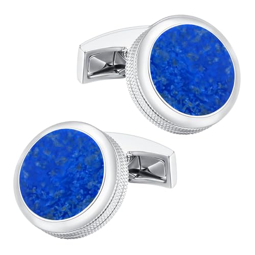 Mr.Van Men's Round Cufflinks, Classic Rhodium Plated Brass Cuff Links for Dress Shirt, Wedding, Business, Formal Occasions - color: Lapis lazuli