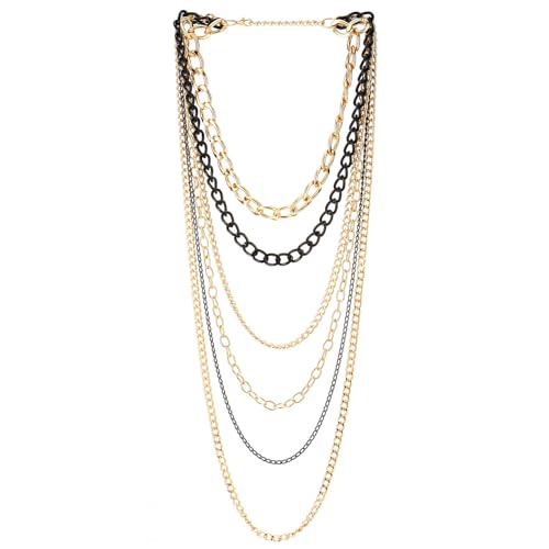 COOLSTEELANDBEYOND Statement Necklace Waterfall Multi-Strand Curb Link Rolo Chains, Punk Rock Cool, Light Weight - color: B-Color: 18K Gold-Plated & Black