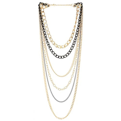 COOLSTEELANDBEYOND Statement Necklace Waterfall Multi-Strand Curb Link Rolo Chains, Punk Rock Cool, Light Weight - color: B-Color: 18K Gold-Plated & Black