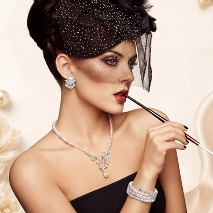Glenmal Pearl Rhinestone Jewelry Set for Women Pearl Necklace Bracelet Earrings for Wedding Halloween Bridal Shower Tea Party - style: Glitter Style