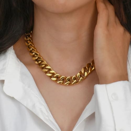 FEEL STYLE Chunky Gold Necklace for Women - 14K Gold Plated 10mm/14mm Cuban Link Chain & 8mm O-Link Chunky Necklace Fashion Jewelry Adjustable - color: Gold Chain, style: 14MM Cuban Link Chain