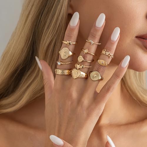 FUTIMELY Boho Retro Stackable Rings Sets for Women Knuckle Joint Finger Knuckle Nail Ring Sets Moon Stars Stack Preppy Statement Rings Cute Trendy Stuff Jewelry - style: G-12PC-Heart Rings