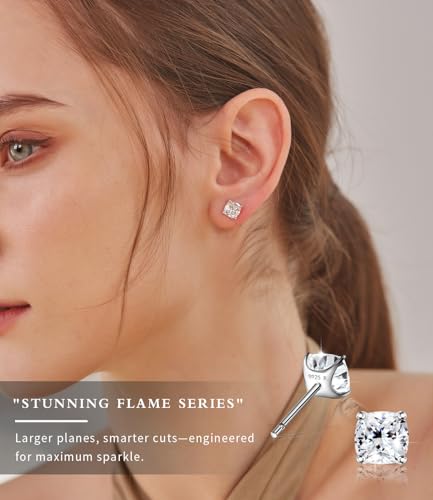 "STUNNING FLAME" Trillion-cut/Cushion-cut/Emerald-cut/Marquise-cut ... 18K White Gold Plated Sterling Silver Cubic Zirconia Simulated Diamond Stud Earrings for Women - color: Cushion-Cut, size: X-small-white gold plated silver