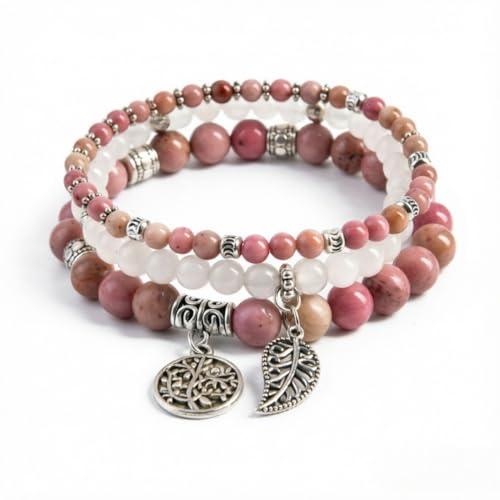 YGLINE Tree of Life Yoga Healing Stone Bracelets,Multilayer Lotus Chakra Stone Reiki Bracelet Sets,Anxiety Crystal Natural Stone,for Women Stress Relief - color: Rhodonite＆white marble-3w