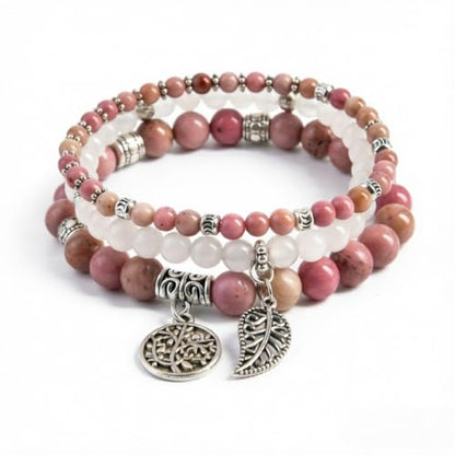 YGLINE Tree of Life Yoga Healing Stone Bracelets,Multilayer Lotus Chakra Stone Reiki Bracelet Sets,Anxiety Crystal Natural Stone,for Women Stress Relief - color: Rhodonite＆white marble-3w