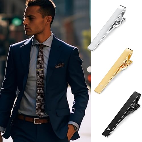3Pcs Stainless Steel Tie Clips for Men Unique Gold Tie Bar Pin Tack Set | 3 Pcs Elegant Personalized Classic Letter Tie Clips for Men, Silver and Black Tone