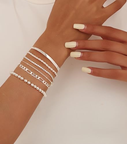 Gold Bracelets for Women 14K Gold Plated Stack Trend Bracelets Charm Paperclip Chain Cuban Link Layered Waterproof Bracelet Dainty Bracelet for Women Jewelry Gifts - color: 6Pcs Beaded Silver