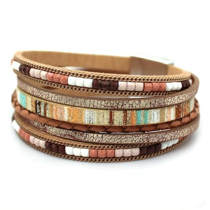 Leather Wrap Bracelets for Women, Boho Leopard Multi-Layer Crystal Beads Cuff Jewelry - color: J-Warp-034