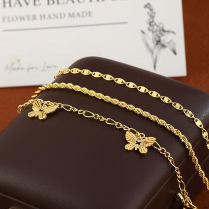 Gold Ankle Bracelets for women,14k Gold/Silver Plated Waterproof Layered lightweight Bow Beaded Twisted Chain Cross Butterfly Satellite Ankle Bracelets Set Gold Anklets for women Trendy Summer Beach Jewelry Gift for Women - style: 3 anklets butterfiy rope