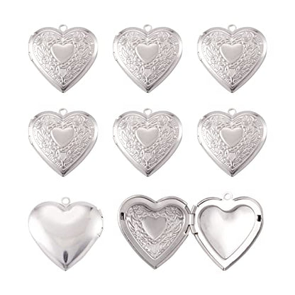 10Pcs 316 Stainless Steel Photo Locket Pendants Heart Carved Pattern Photo Frame Charms Silver Locket Charms for Necklaces DIY Memorial Necklace Making - color: Heart Carved Pattern