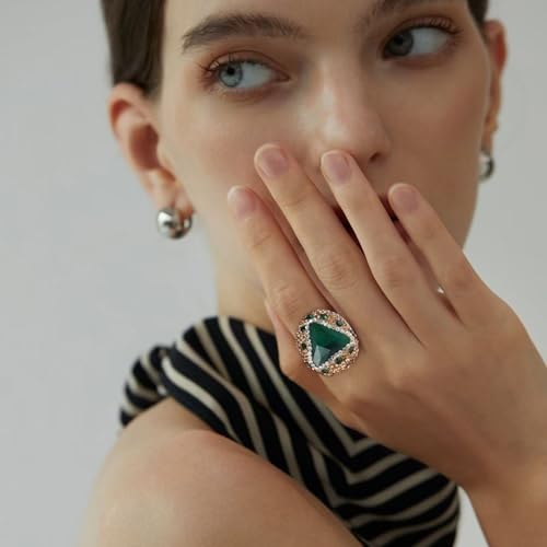 HZMAN Natural Stone Statement Ring for Women, Crystal Paved Bold Cocktail Ring, Adjustable Gold Tone Fashion Jewelry - color: Malachite Green
