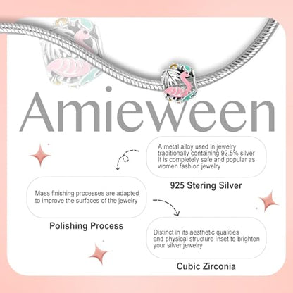 S925 Charms for Bracelets and Necklaces, Gifts for Mothers Nurses Day Graduation, for Girlfriend Family Friend, Bead Pendant, for Pandora, Silver 14K Gold Plated Enamel CZ, DIY Jewelry Making - style: Flamingo Charm