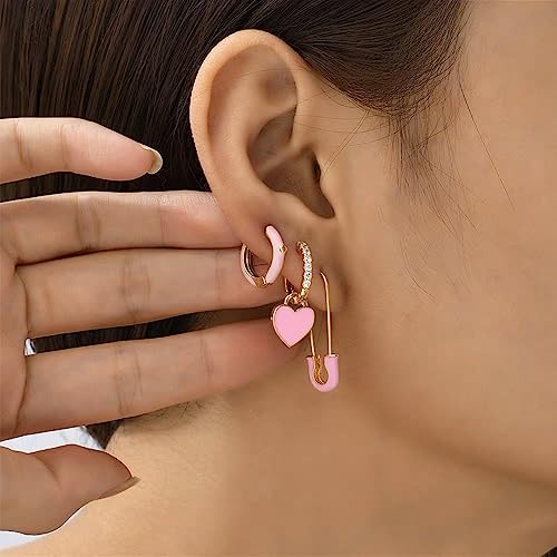 Preppy Love Heart Hoop Earrings for Women Teen Girls Gold Plated Cubic Zirconia CZ Charms Dangle Drop Huggie Small Hoops Cartilage Earring Fashion Colorful Y2K Jewelry Cute Gifts - color: Pink
