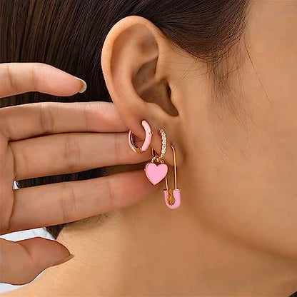 Preppy Love Heart Hoop Earrings for Women Teen Girls Gold Plated Cubic Zirconia CZ Charms Dangle Drop Huggie Small Hoops Cartilage Earring Fashion Colorful Y2K Jewelry Cute Gifts - color: Pink