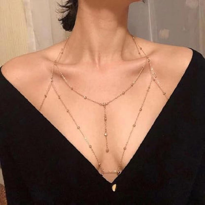 Gold Plated Body Chain for Women, Layered Bikini Waist Chain | Sexy Rhinestone Body Jewelry, Chest Belly Chain, Adjustable Fit, Crossover Design, Summer Beach Parties and Vacations - color: Gold5