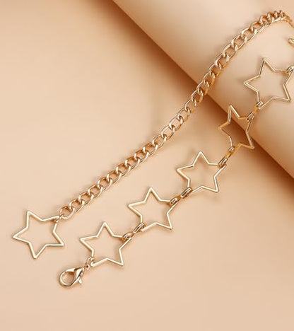 QWALIT Silver Gold Chain Belt for Women Fashion Waist Chain Belt Star Butterfly Metal Belt Music Festival Y2K Accessories - style: A1-Star- gold