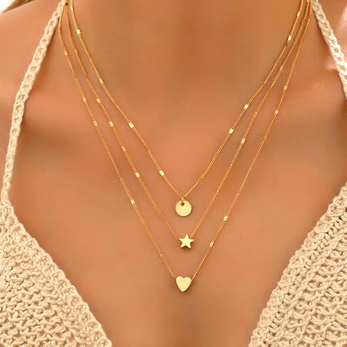 Layered Gold Heart Star Pendant Necklaces Set for Women Stackable Love Coin Chain Necklaces Adjustable Pentagram Choker Necklaces Jewelry Accessories
