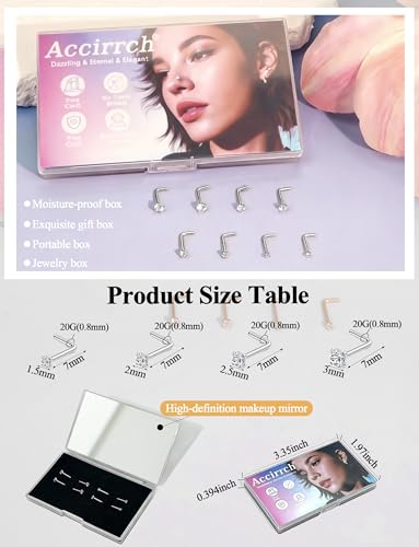 8Pcs Nose Rings Studs Set for Women Men: Hypoallergenic G23 Titanium/316L Surgical Stainless Steel Nose Studs, Nickel-free Lead-free L Shaped Corkscrew Nose Piercing Jewelry CZ 1.5mm 2mm 2.5mm 3mm - style: Titanium 8Pcs 20G L Shaped Silver