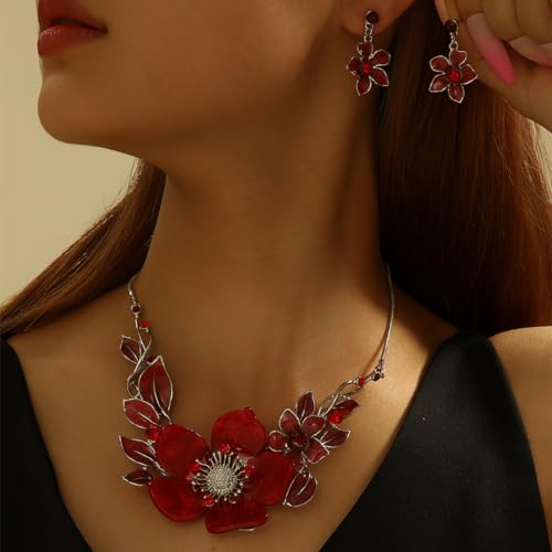 Chunky Statement Jewelry Set Vintage Retro Leaf Flower Floral Geometric Bohemian Boho Bib Necklace Earring Set Fashion Costume Jewelry for Women Girls Wedding Party Prom Unique Gift - style: flower leaf-red
