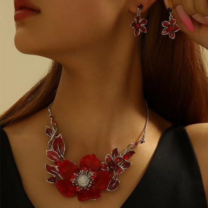 Chunky Statement Jewelry Set Vintage Retro Leaf Flower Floral Geometric Bohemian Boho Bib Necklace Earring Set Fashion Costume Jewelry for Women Girls Wedding Party Prom Unique Gift - style: flower leaf-red