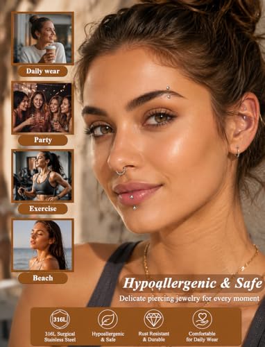 14/16G Eyebrow Piercing Jewelry Set with Tool, Stainless Steel Curved Barbells with Clear Piercing Retainers for Surgery, Ball & Spike Ends, 6/8/10/12mm Eyebrow Rings for Women Men - color: Silver-16pcs-16G
