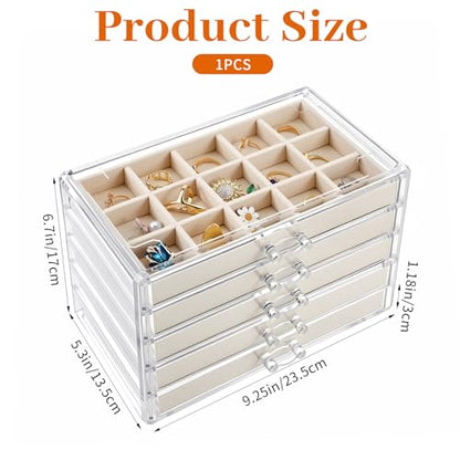 Acrylic Jewelry Box with 5 Drawers, Clear Case with Beige Velvet Lining, 9.25" x 5.31" x 6.7" Earring Organizer with Adjustable Dividers, Stackable Storage Display for Rings Necklaces Bracelets