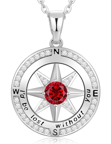 Peeshow Compass Birthstone Necklace for Women Wife, S925 Sterling Silver Gift for Wife Wedding Anniversary Birthday Gifts for Women Jewelry for Her Girlfriend I'd be Lost without You - style: 01-Jan-Garnet