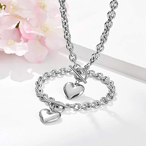 Heart Chain Necklace + Heart Bracelet for Women Girls Hearts Pendant Toggle Charm Jewelry Set Stainless Steel 18K Gold/Rose Gold Silver - color: Silver