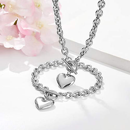 Heart Chain Necklace + Heart Bracelet for Women Girls Hearts Pendant Toggle Charm Jewelry Set Stainless Steel 18K Gold/Rose Gold Silver - color: Silver