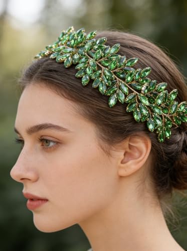Missgrace Women Silver Green Black Red Blue Handmade Full Crystal Rhinestone Large Headband Hair Vine Shinny Headpiece Bridal Wedding Hair Accessories for Women (Green) - color: Green