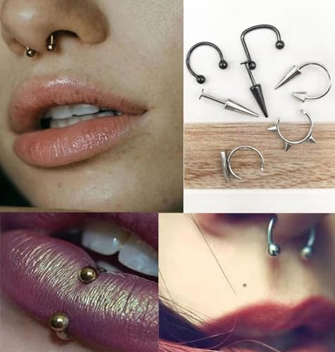 36Pcs 16G Stainless Steel Lip Rings for Women Men Snake Bite Piercing Labret Jewelry Monroe Barbell Spike Nose Stud