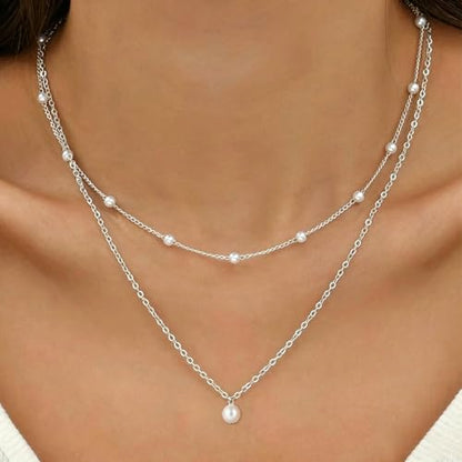 Pearl Necklace for Women, Dainty Pearls Choker Necklace for Women 14K Gold Plated Layered Pendant Necklace Handmade Gold Chain Necklace Everyday Jewelry Gift - color: Layered Satellite Pearl-Silver