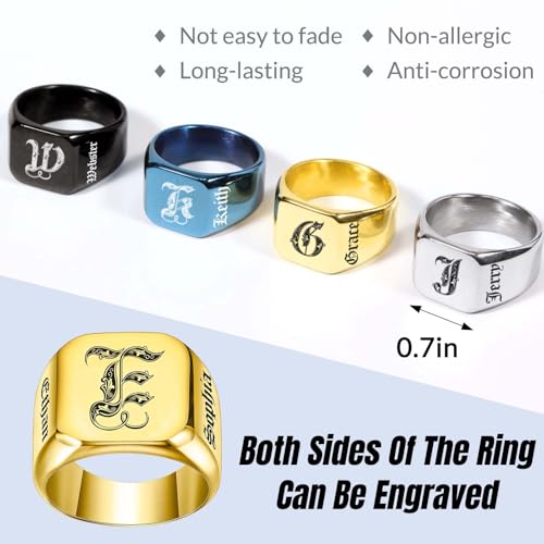 Custom Signet Ring for Men Personalized Initial Ring Custom Mens Rings Engraved Ring Customized Memorial Graduation Gifts for Father Husband Boyfriend Friends - color: Square Gold