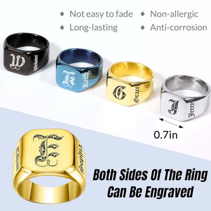 Custom Signet Ring for Men Personalized Initial Ring Custom Mens Rings Engraved Ring Customized Memorial Graduation Gifts for Father Husband Boyfriend Friends - color: Square Gold