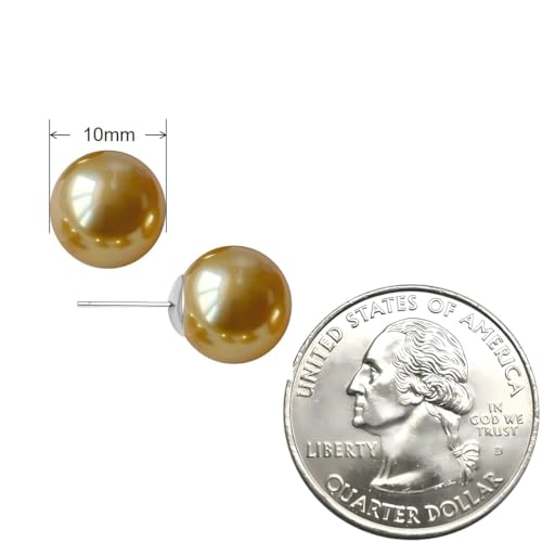 Gold & Brown Faux Pearl Stud Earrings, S925 Silver Posts Hypoallergenic for Women - color: Gold, size: 10mm