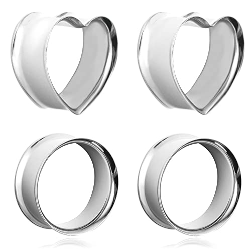 Casvort 4 PCS 8mm-25mm Hypoallergenic 316 Stainless Steel Cute Heart Double Flared Ear Gauges Plugs Ear Tunnels Saddle Plugs Body Piercing Jewelry - color: Silver, size: 1/2'' (12mm)