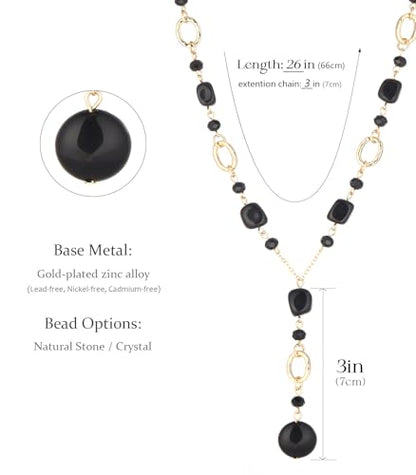 FULU AUTUMN Long Gold Beaded Necklaces for Women Natural Stone Bead Statement Pendant Necklace Y Sweater Chain Fashion Jewelry Gifts - color: Black