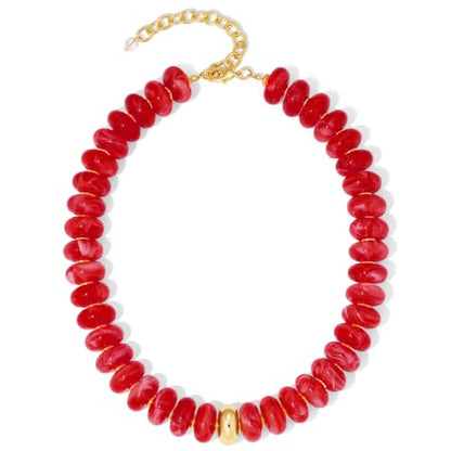Chunky Beaded Necklace for Women Boho Statement Bead Necklace Adjustable Choker with Polished Disc/Square Beads Trendy Summer Beach Jewelry Gifts - color: Red