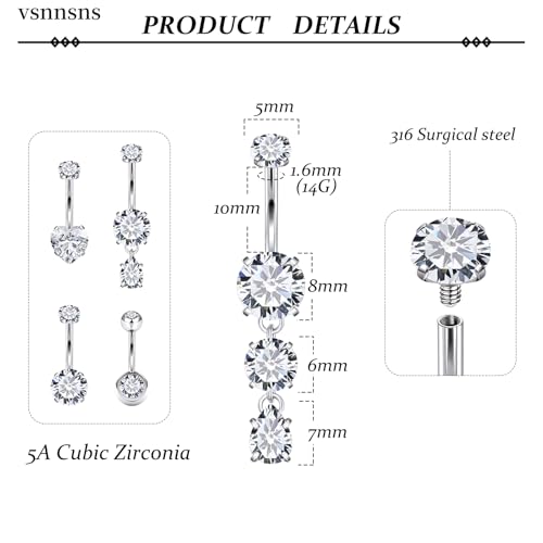 Vsnnsns 14G Dangle Belly Button Ring Piercing Jewelry 316L Stainless Surgical Steel Round Heart Cubic Zirconia Navel Rings Dangling Belly Button Ring Piercing Jewelry for Women 14 Gauge Hypoallergenic - color: Silver-10MM Bar-Clear CZ