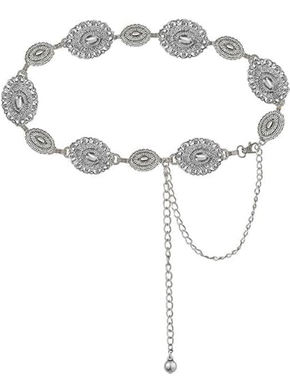 Women Western Concho Chain Belt - Fashion Gold Metal Waist Cowgirl Belt for Dresses Jeans - color: Silver