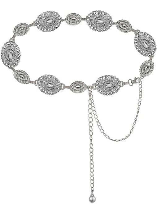Women Western Concho Chain Belt - Fashion Gold Metal Waist Cowgirl Belt for Dresses Jeans - color: Silver