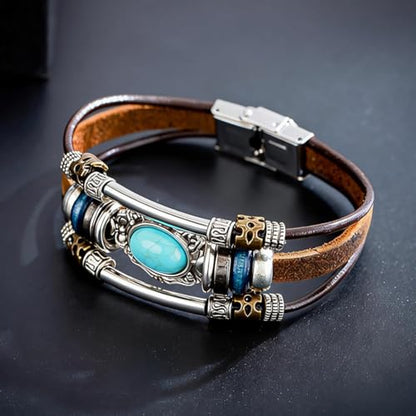 Leather Wrap Bracelets for Women Boho Multi-Layer Turquoise Bracelet Beads Stackable Bangle - color: A-Style