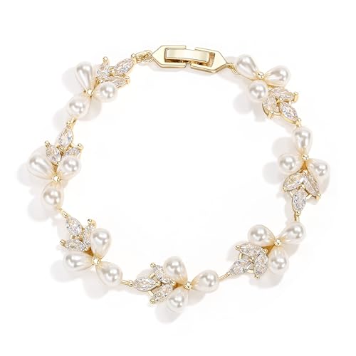 EVER FAITH Cubic Zirconia Pearl Bridal Prom Tennis Bracelet for Women | Elegant Pear CZ Wedding Jewelry Gift, for Bride Bridesmaid - style: Leaf_Gold-Plated-Brass