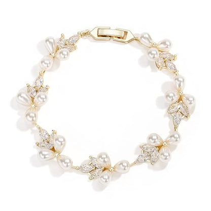 EVER FAITH Cubic Zirconia Pearl Bridal Prom Tennis Bracelet for Women | Elegant Pear CZ Wedding Jewelry Gift, for Bride Bridesmaid - style: Leaf_Gold-Plated-Brass